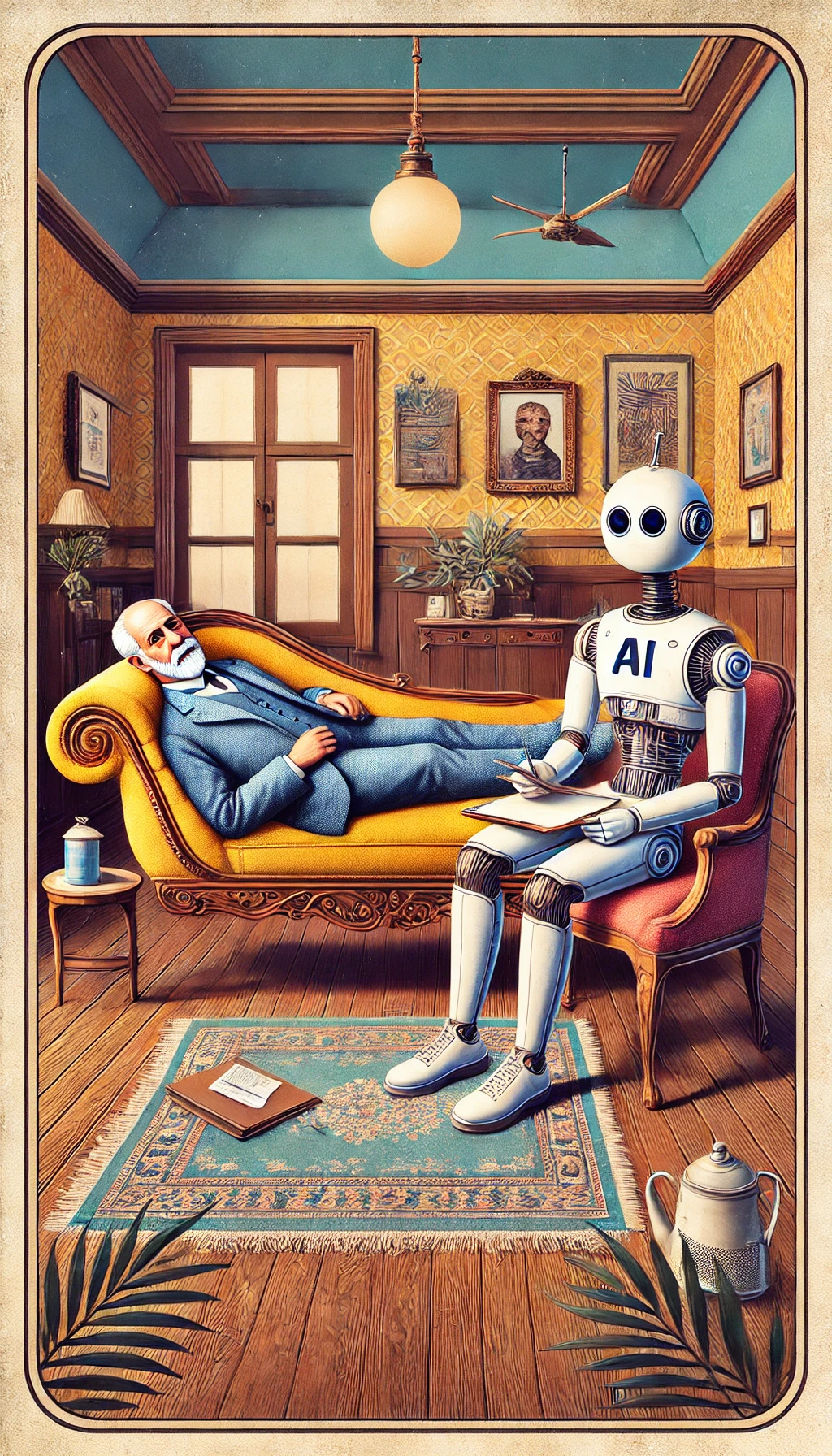 DALLE 2024 10 16 22.08.56 A whimsical illustration of Sigmund Freud lying on a vintage therapy couch in a retro style reminiscent of early 20th century art. A modern AI robot